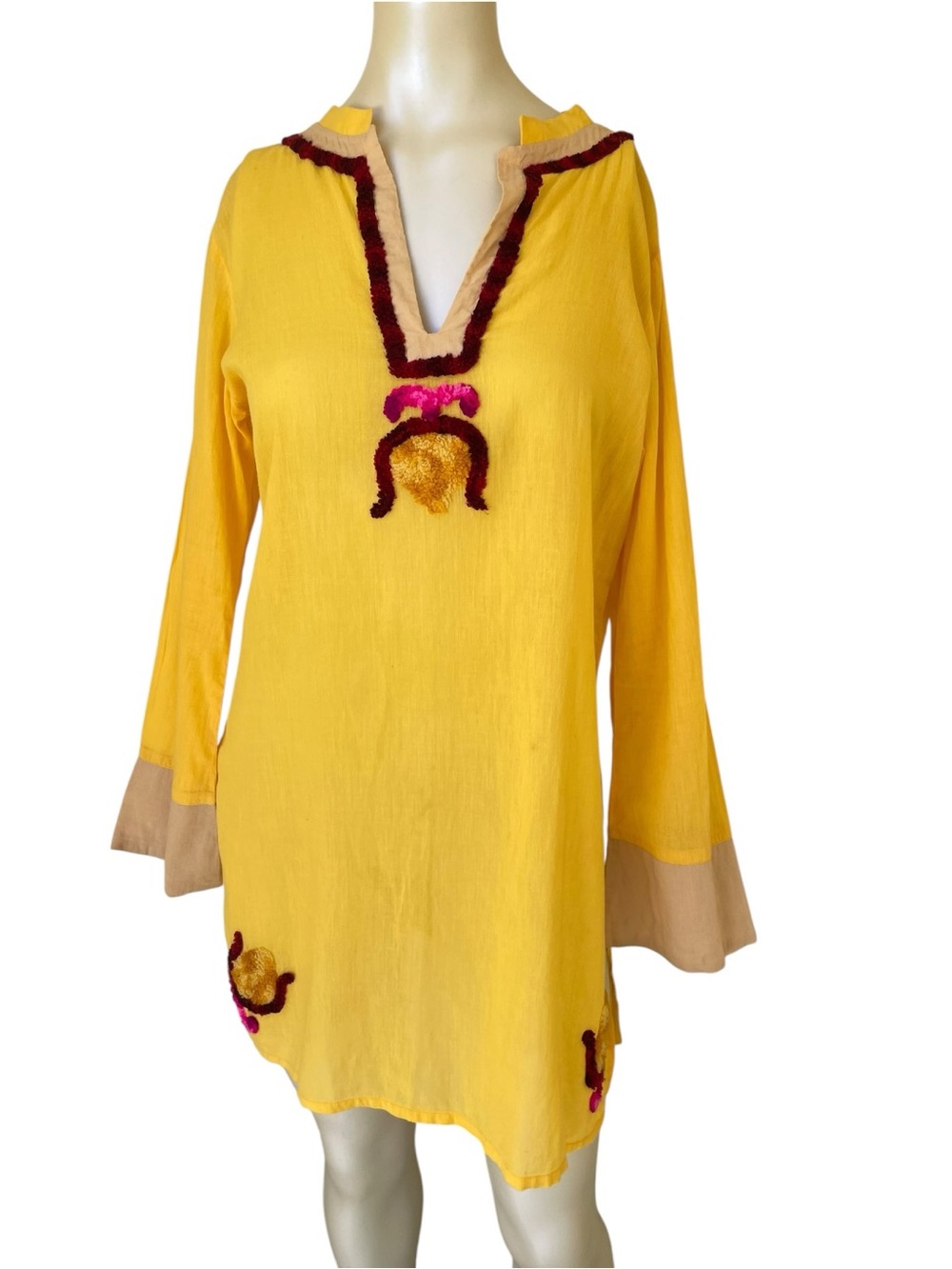 Aoyama Itchome Yellow Embroidered Mini Kaftan Tunic Dress Large